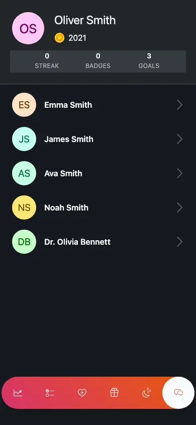 The messages list: family members your child can chat with.