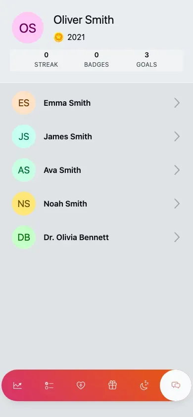 The messages list: family members your child can chat with.