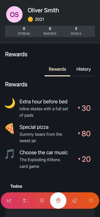 The rewards catalogue: a grouped list of rewards, each with its point cost.