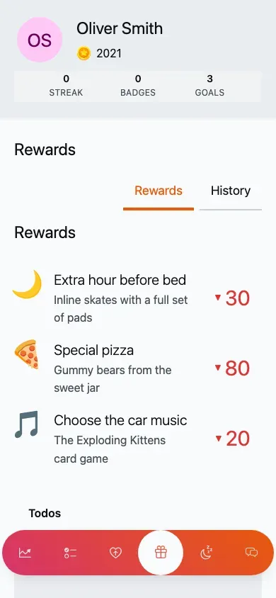 The rewards catalogue: a grouped list of rewards, each with its point cost.