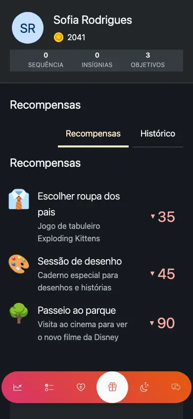 O catálogo de recompensas: uma lista agrupada de recompensas, cada uma com o seu custo em pontos.