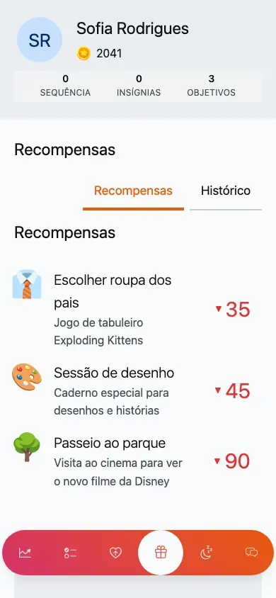 O catálogo de recompensas: uma lista agrupada de recompensas, cada uma com o seu custo em pontos.
