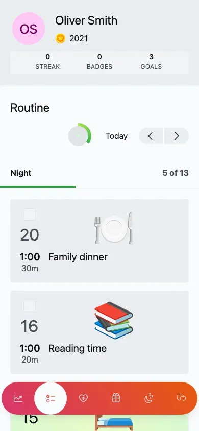 Today's routine: tasks grouped under 'Morning', each with points, an icon, a time and a checkbox.