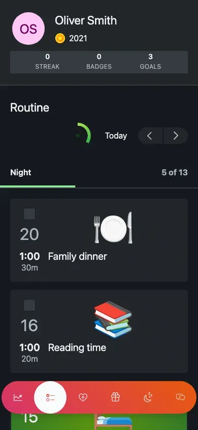 Today's routine: tasks grouped under 'Morning', each with points, an icon, a time and a checkbox.