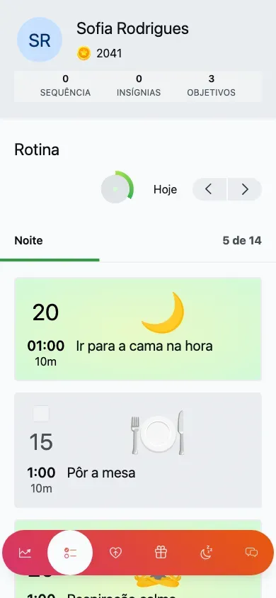 A rotina de hoje: tarefas agrupadas em 'Manhã', cada uma com pontos, ícone, hora e caixa de seleção.