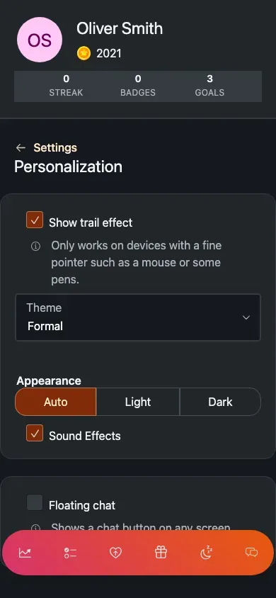 The personalisation screen: a theme picker, a trail-effect toggle, sound effects and light/dark options.