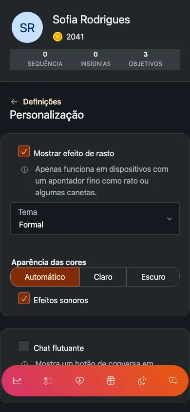 O ecrã de personalização: um seletor de temas, um interruptor de efeito de rasto, efeitos de som e opções claro/escuro.