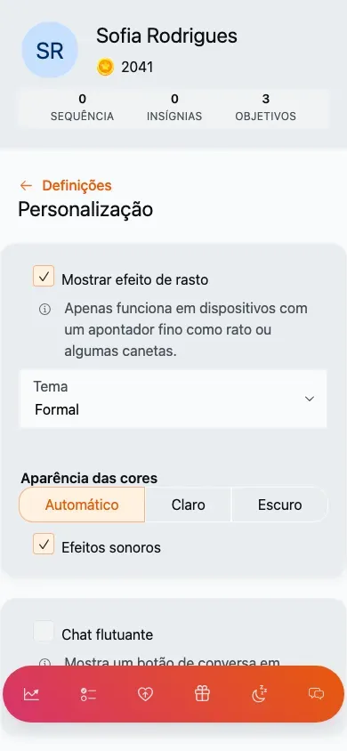 O ecrã de personalização: um seletor de temas, um interruptor de efeito de rasto, efeitos de som e opções claro/escuro.