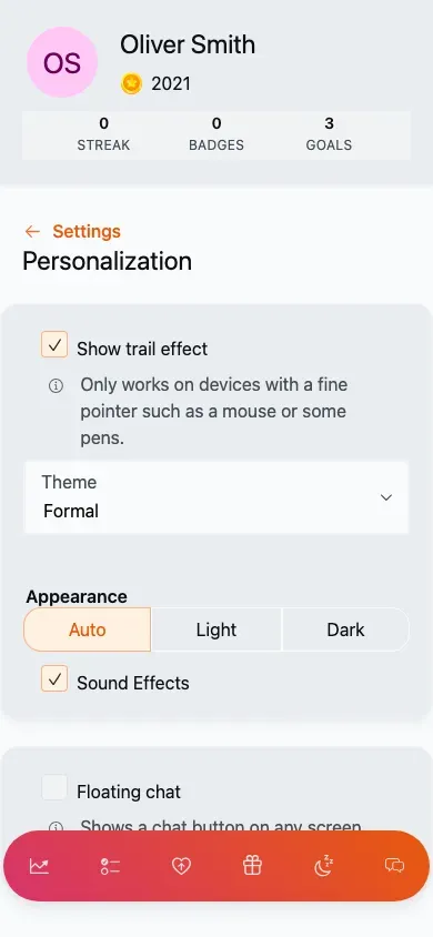 The personalisation screen: a theme picker, a trail-effect toggle, sound effects and light/dark options.