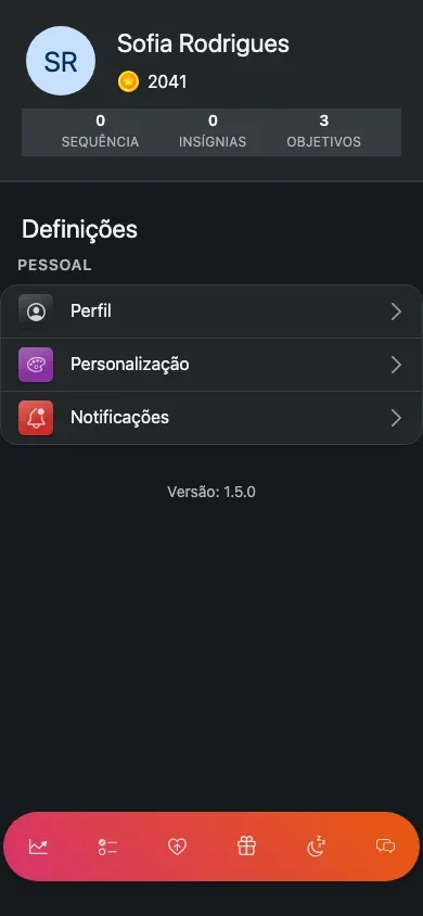 A lista de definições da criança: apenas Perfil, Personalização e Notificações, sob 'Pessoal'.