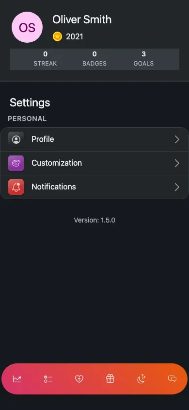 The child settings list: only Profile, Customization and Notifications under a 'Personal' heading.
