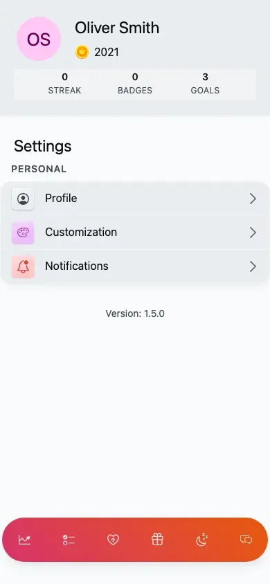 The child settings list: only Profile, Customization and Notifications under a 'Personal' heading.