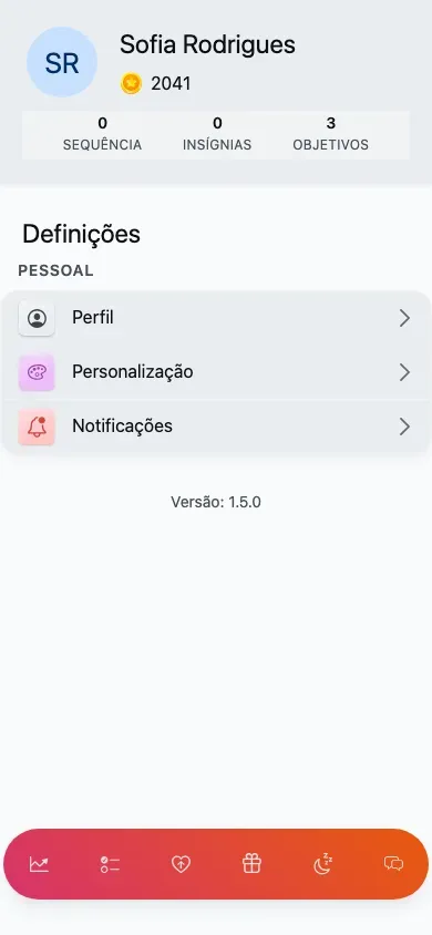 A lista de definições da criança: apenas Perfil, Personalização e Notificações, sob 'Pessoal'.