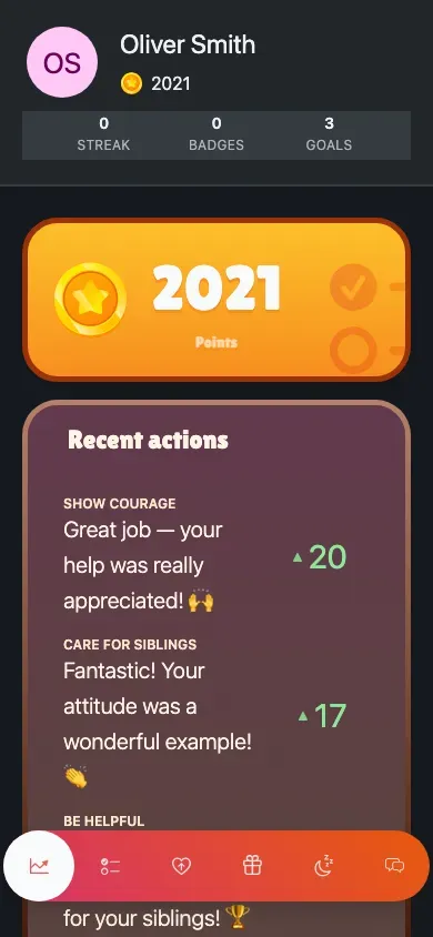 The child shell: avatar, points and a daily snapshot at the top, with the tab bar at the bottom.