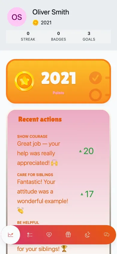 The child shell: avatar, points and a daily snapshot at the top, with the tab bar at the bottom.