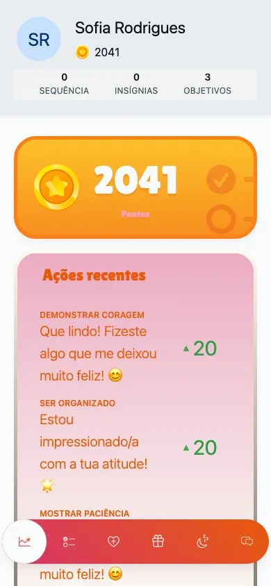 O ambiente da criança: avatar, pontos e um resumo diário no topo, com a barra de separadores em baixo.