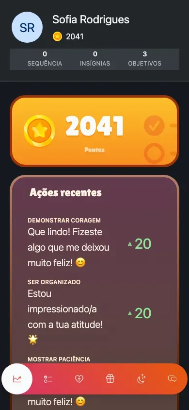 O ambiente da criança: avatar, pontos e um resumo diário no topo, com a barra de separadores em baixo.