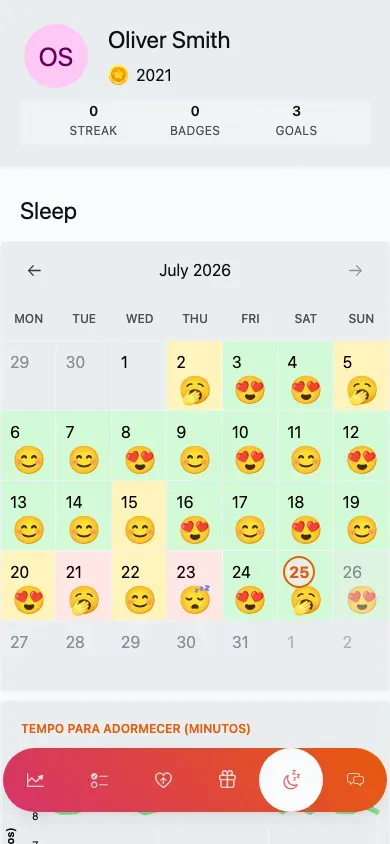 The sleep history: a monthly calendar with an emoji rating on each night.