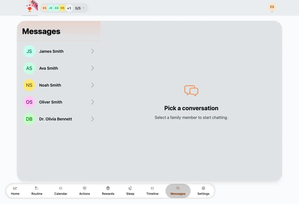 Messages split view with the member list and a pick-a-conversation placeholder