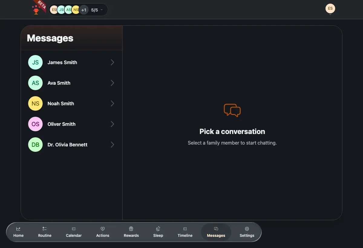Messages split view with the member list and a pick-a-conversation placeholder