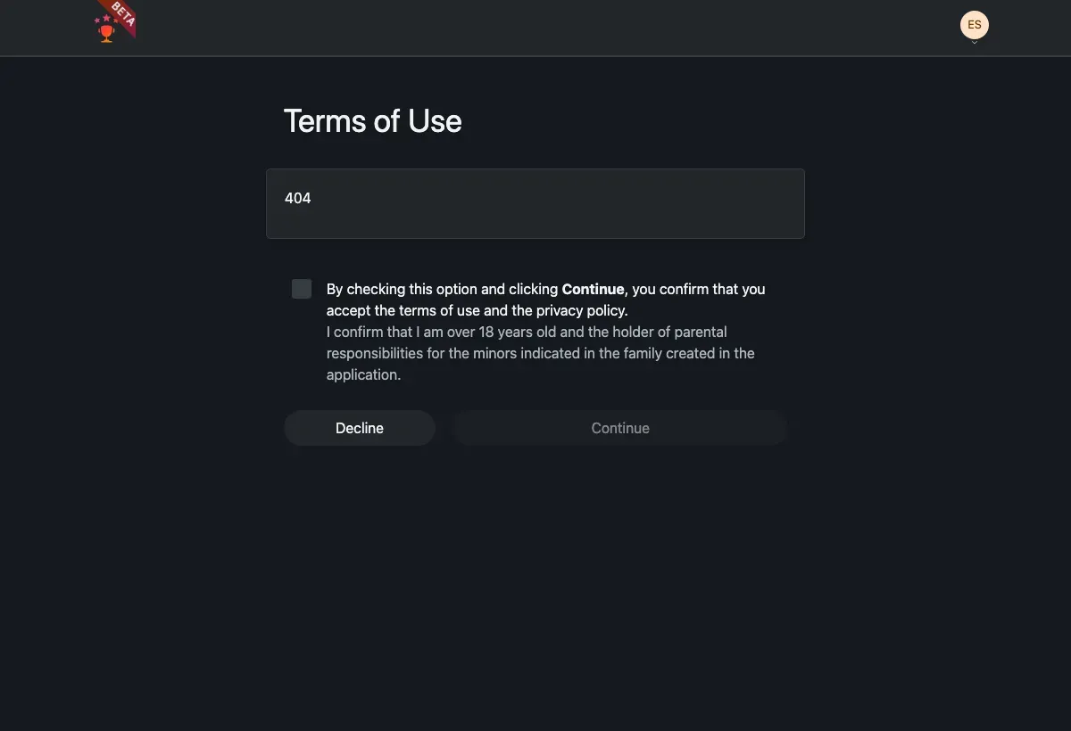 The Terms of Use screen: the agreement, an acceptance checkbox, and Decline / Continue buttons.