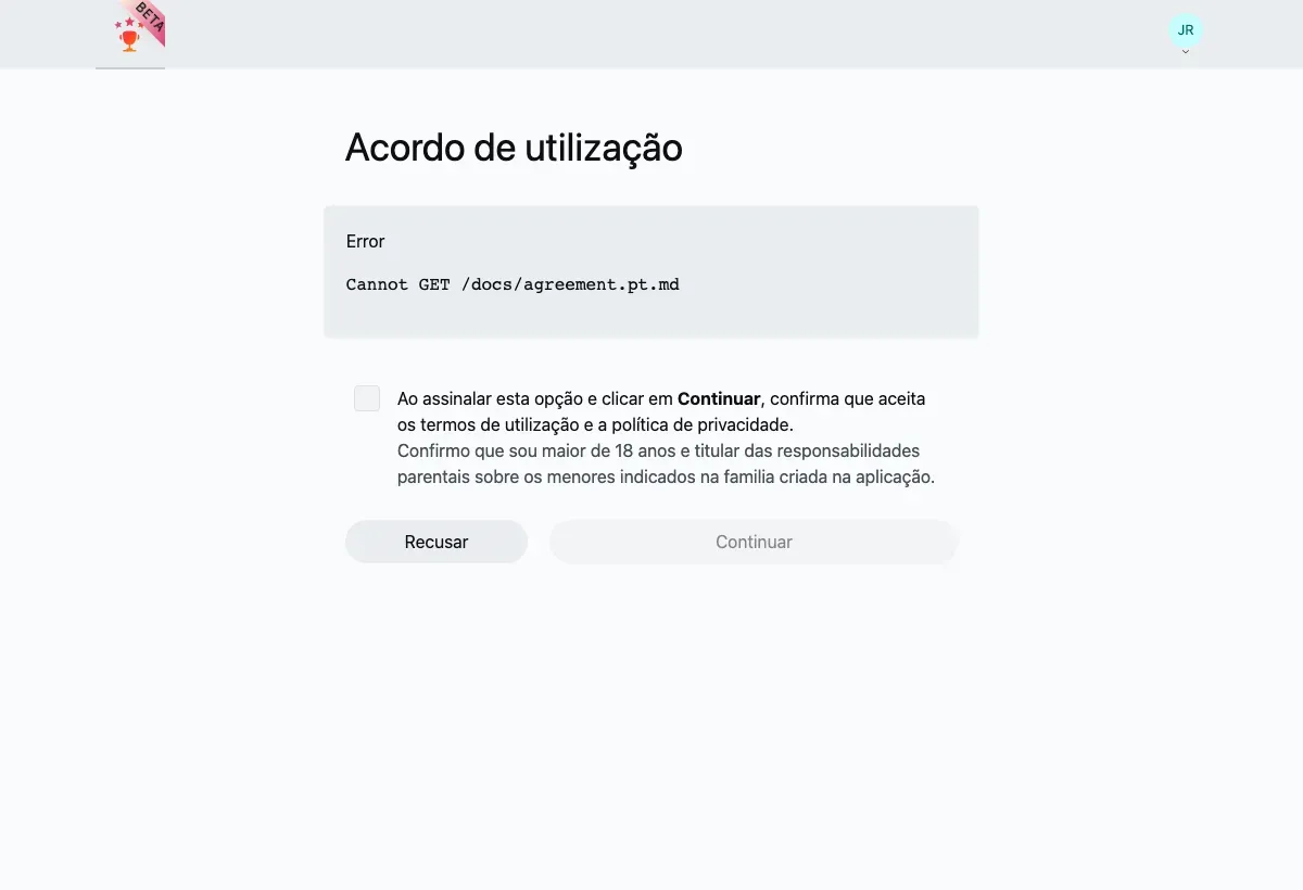 O ecrã do Acordo de utilização: o acordo, uma caixa de confirmação e os botões Recusar / Continuar.