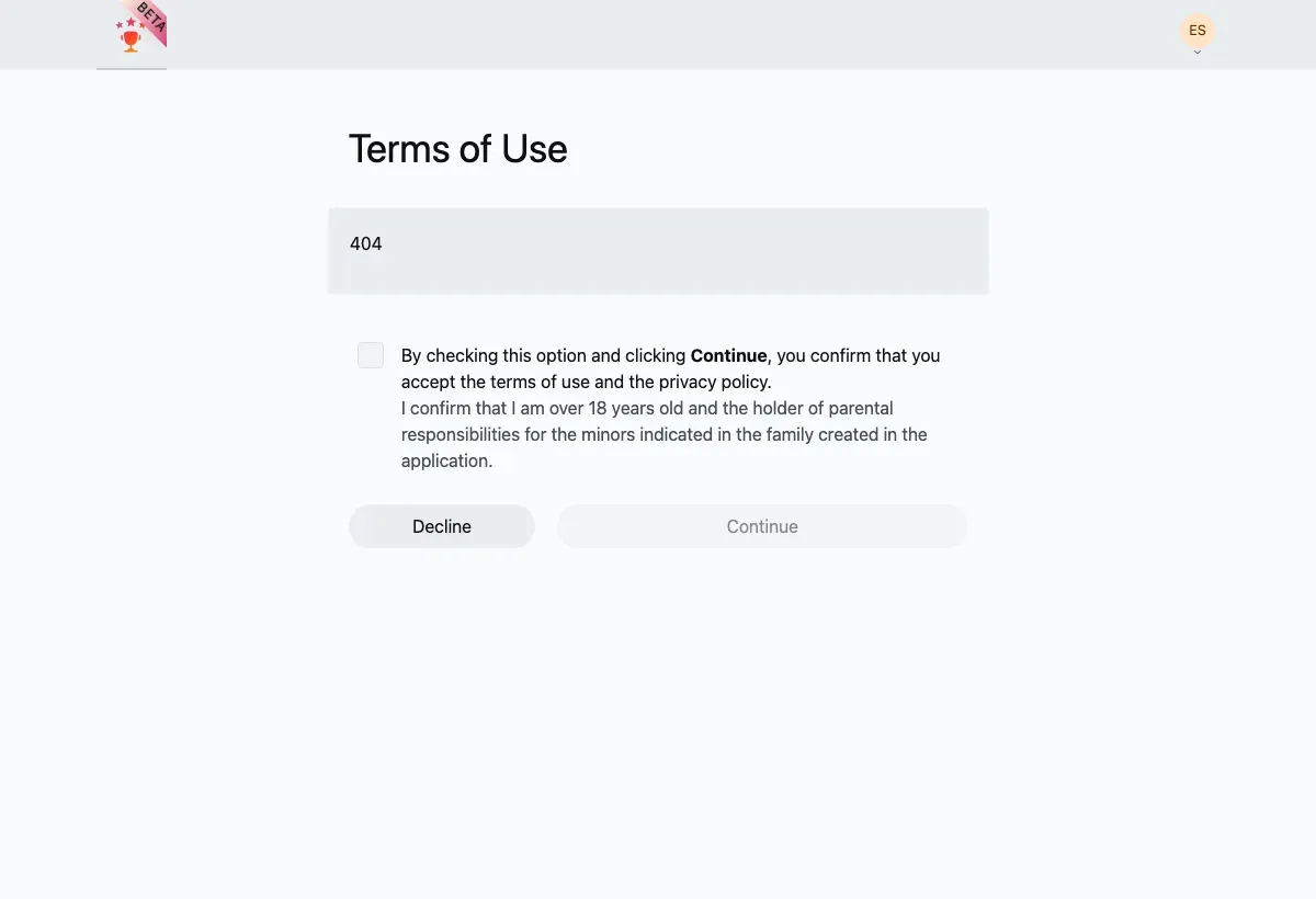 The Terms of Use screen: the agreement, an acceptance checkbox, and Decline / Continue buttons.