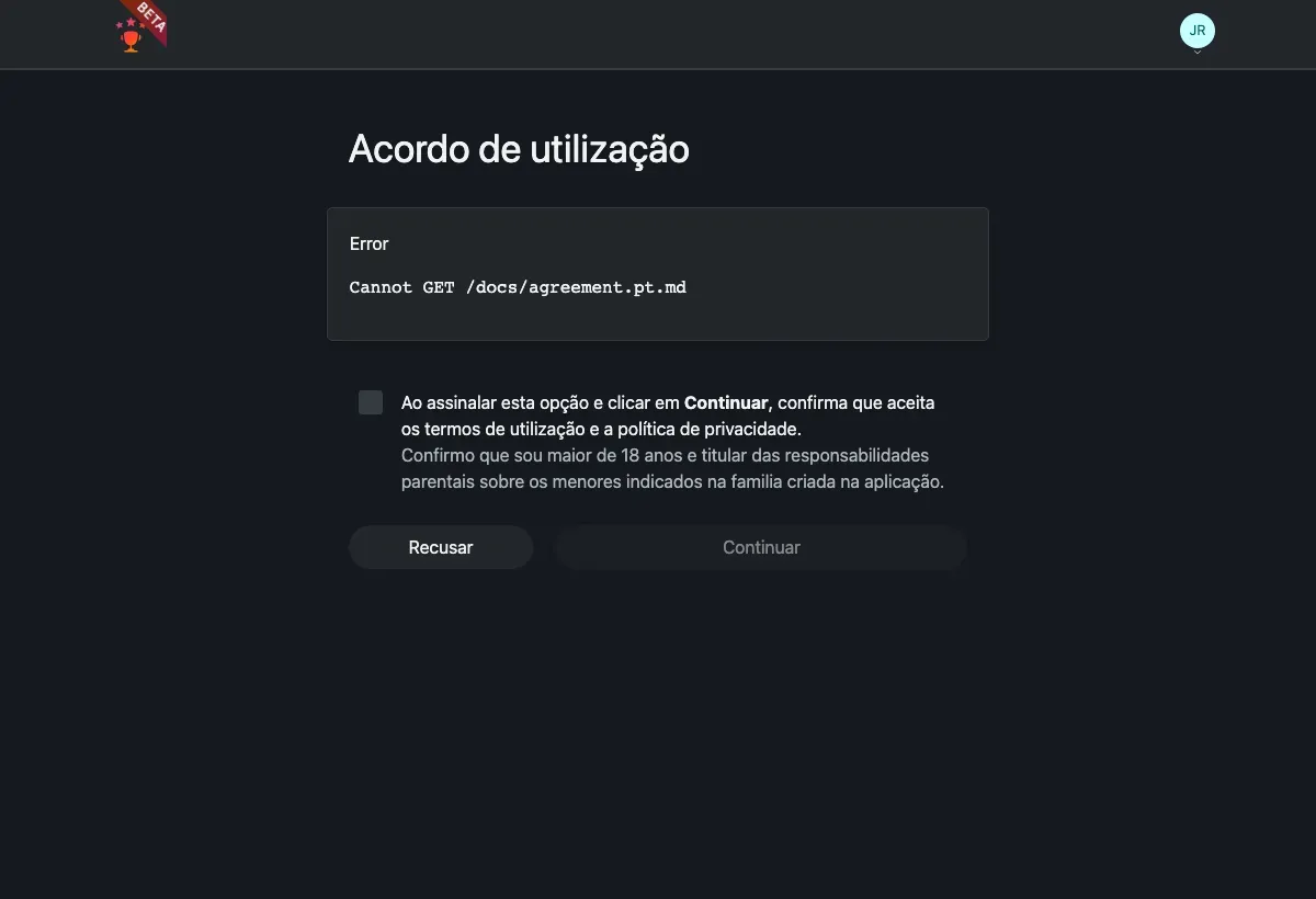 O ecrã do Acordo de utilização: o acordo, uma caixa de confirmação e os botões Recusar / Continuar.