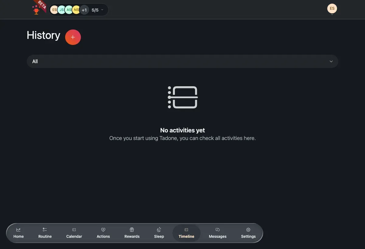 The History timeline: entries grouped under a day heading, each with a member colour, an icon, a time and its point delta.