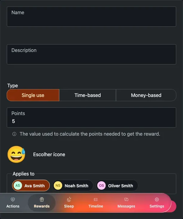 The Add reward form: Name, Description, Type, Points, emoji picker and Applies to.