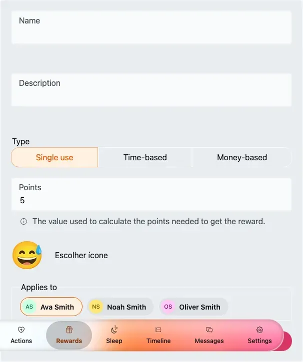 The Add reward form: Name, Description, Type, Points, emoji picker and Applies to.