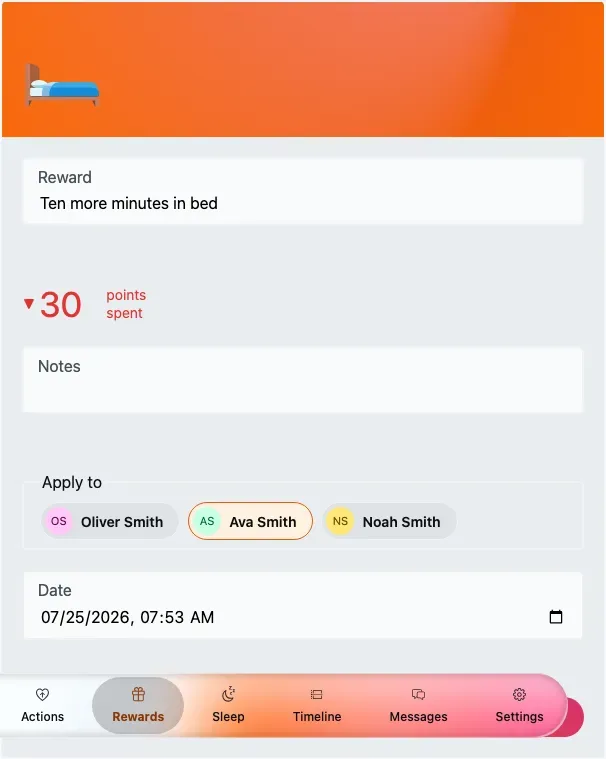 The Redeem reward form: an animated hero with the reward emoji, a Duration field and a live points-spent indicator.