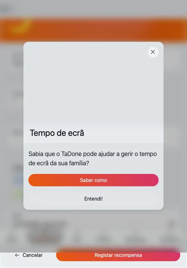 O formulário Registar recompensa: um cabeçalho animado com o emoji da recompensa, um campo de Duração e um indicador de pontos gastos ao vivo.
