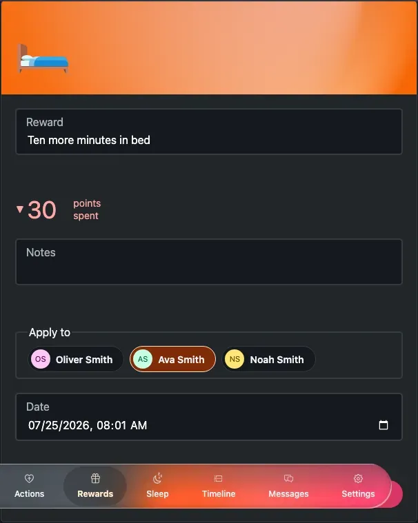 The Redeem reward form: an animated hero with the reward emoji, a Duration field and a live points-spent indicator.
