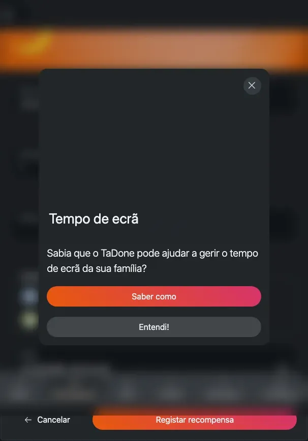 O formulário Registar recompensa: um cabeçalho animado com o emoji da recompensa, um campo de Duração e um indicador de pontos gastos ao vivo.
