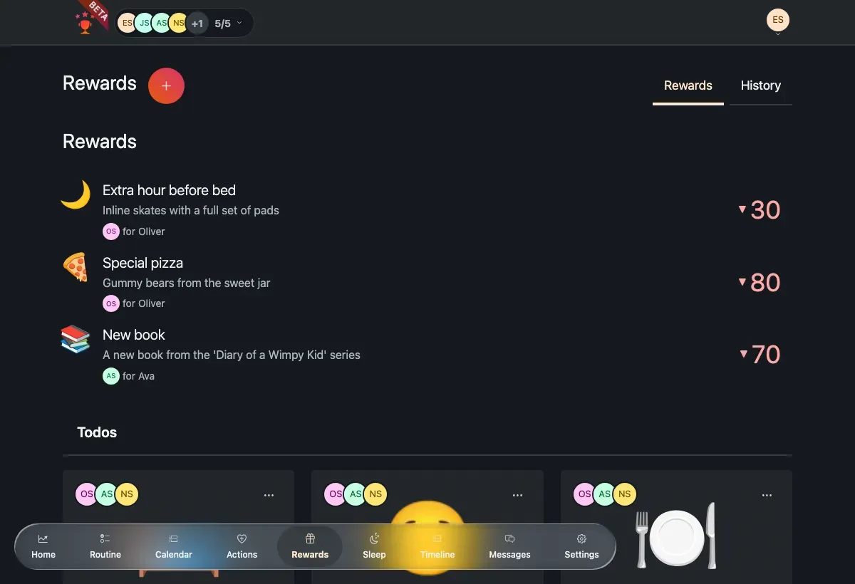 The rewards catalog — emoji reward cards with point costs, grouped by type.