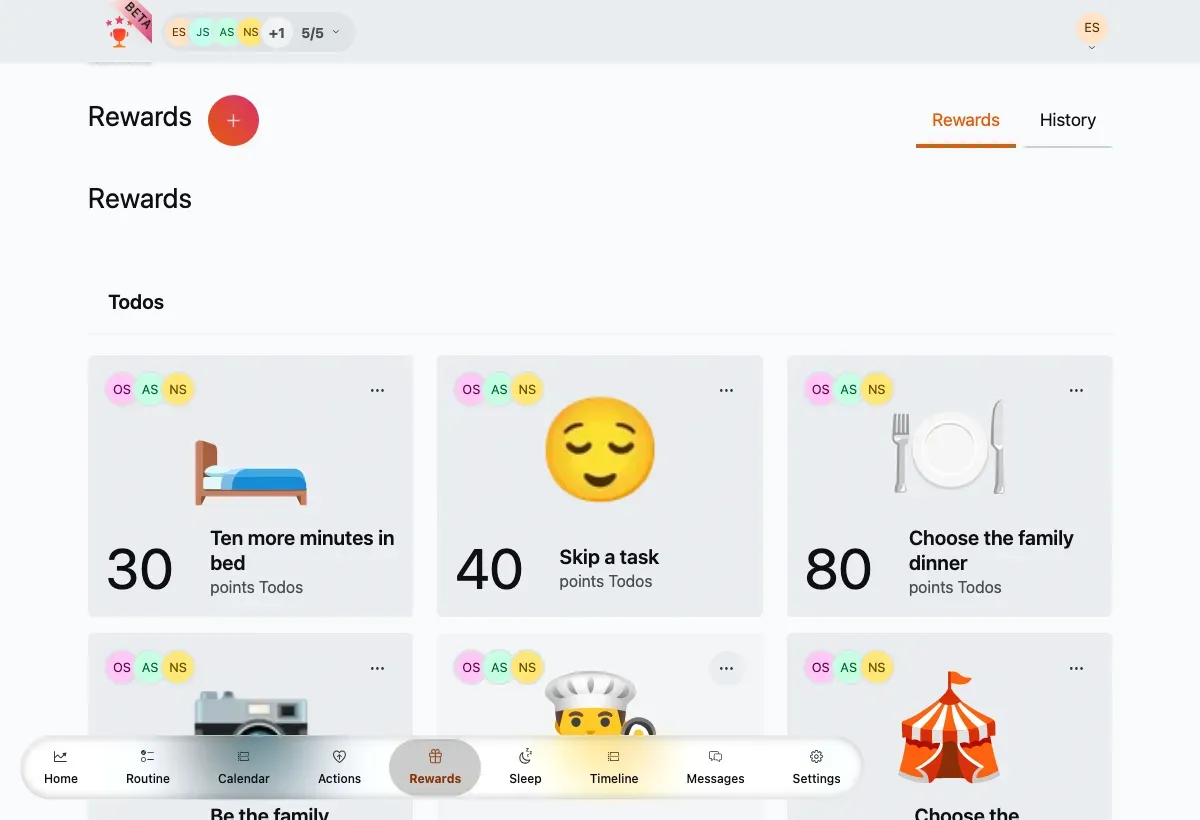 The rewards catalog — emoji reward cards with point costs, grouped by type.