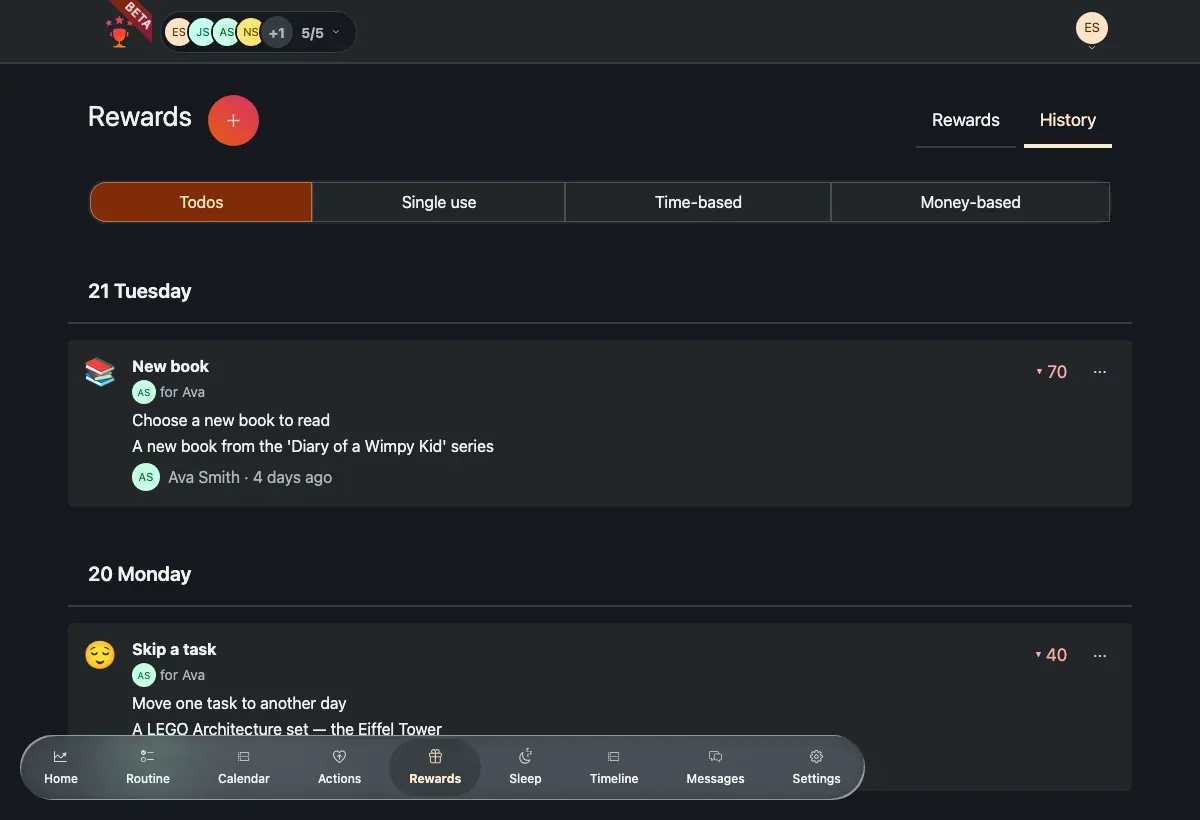 The reward history — a day-grouped timeline with filter chips, emoji and point costs.