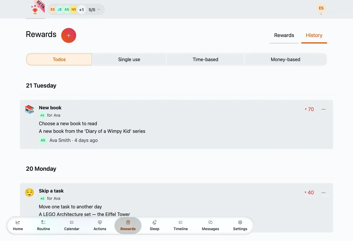 The reward history — a day-grouped timeline with filter chips, emoji and point costs.