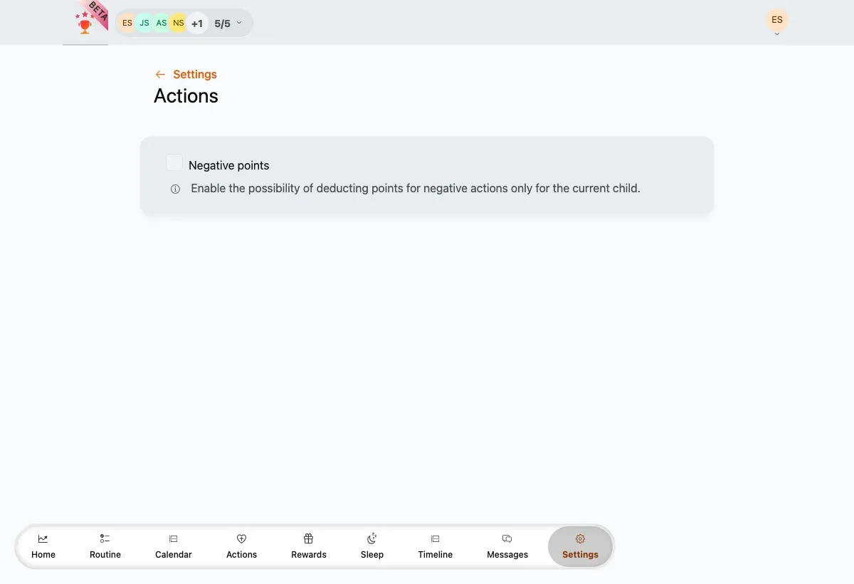 The Actions setting with the Negative points toggle.