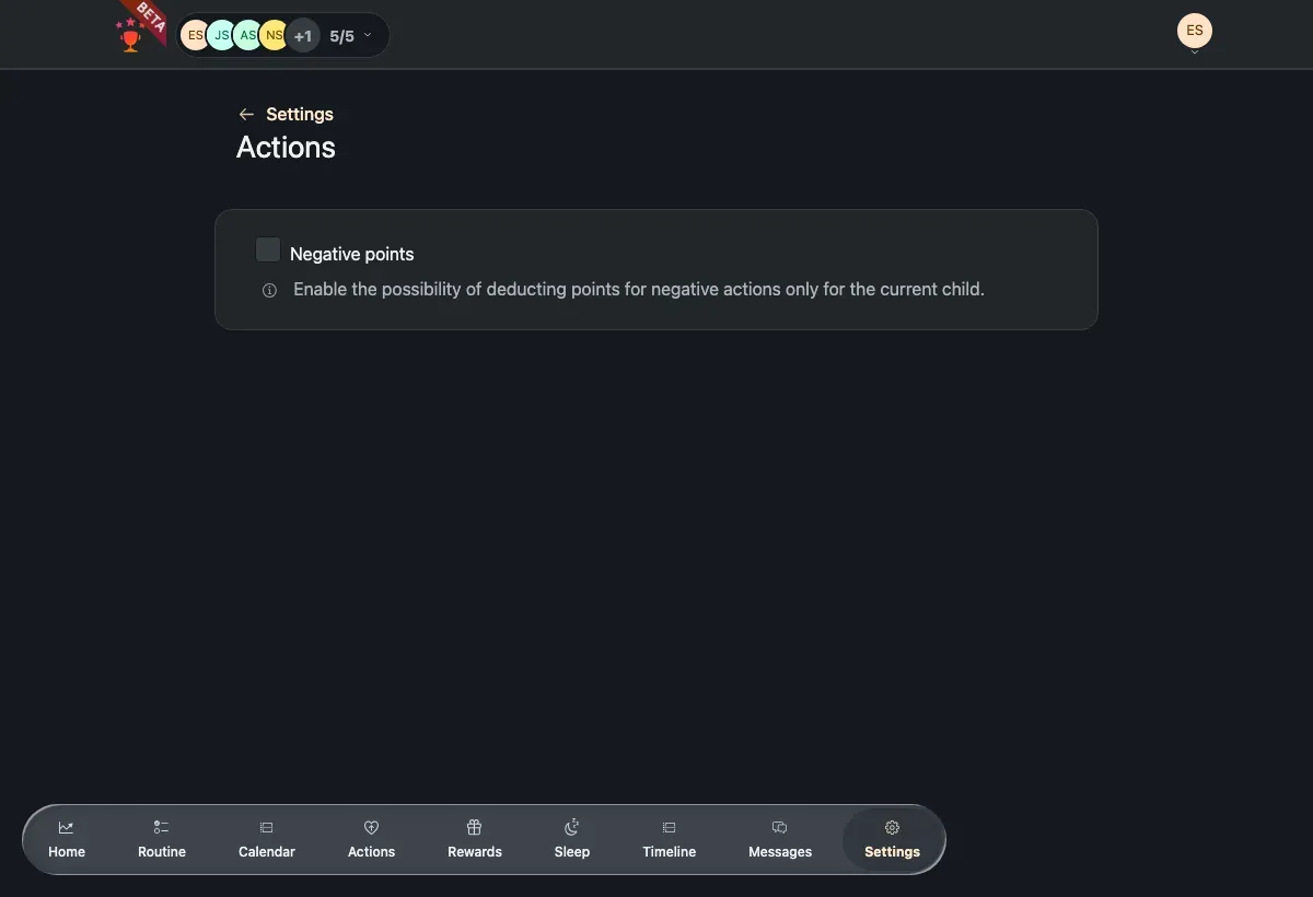 The Actions setting with the Negative points toggle.