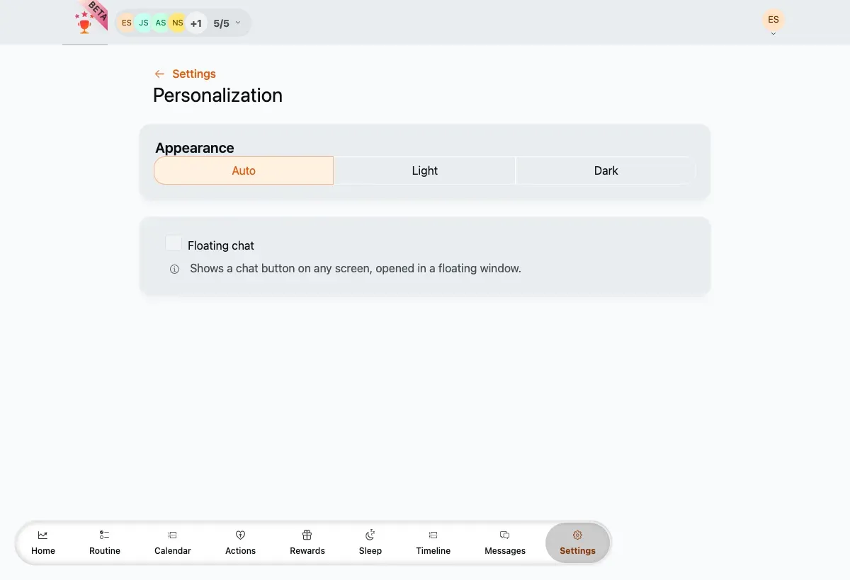 The Personalization page with the appearance control and floating-chat toggle.