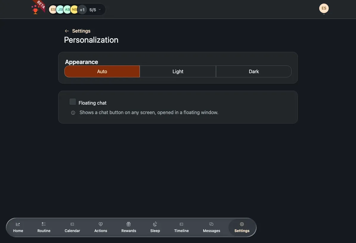 The Personalization page with the appearance control and floating-chat toggle.