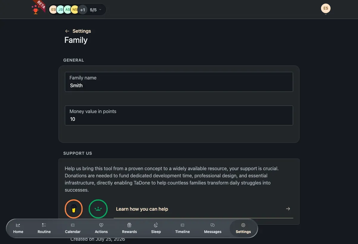 Family settings with the family name and money-value fields.