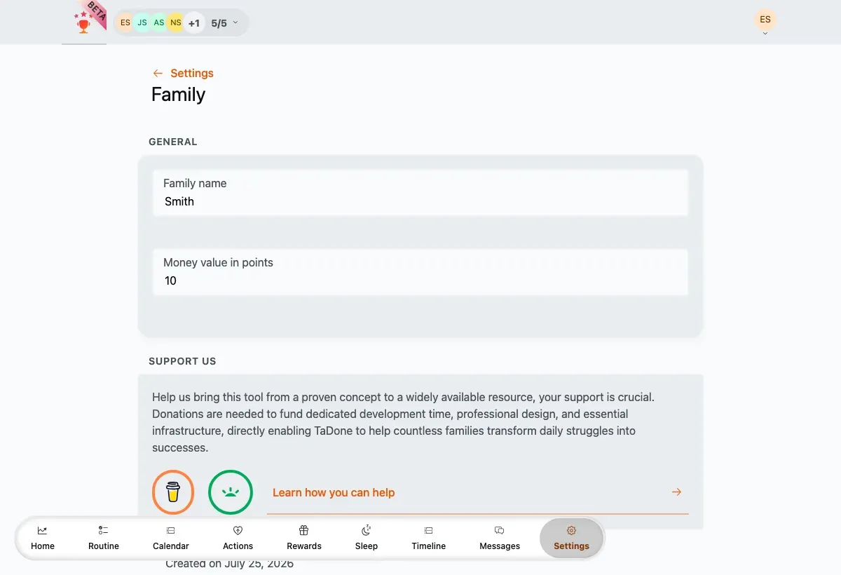 Family settings with the family name and money-value fields.