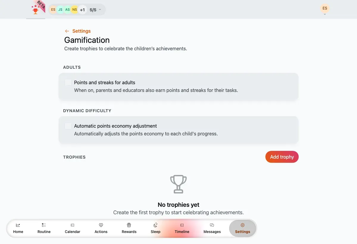 The Gamification settings with dynamic difficulty enabled, showing the mode choice and the per-child current factor list.