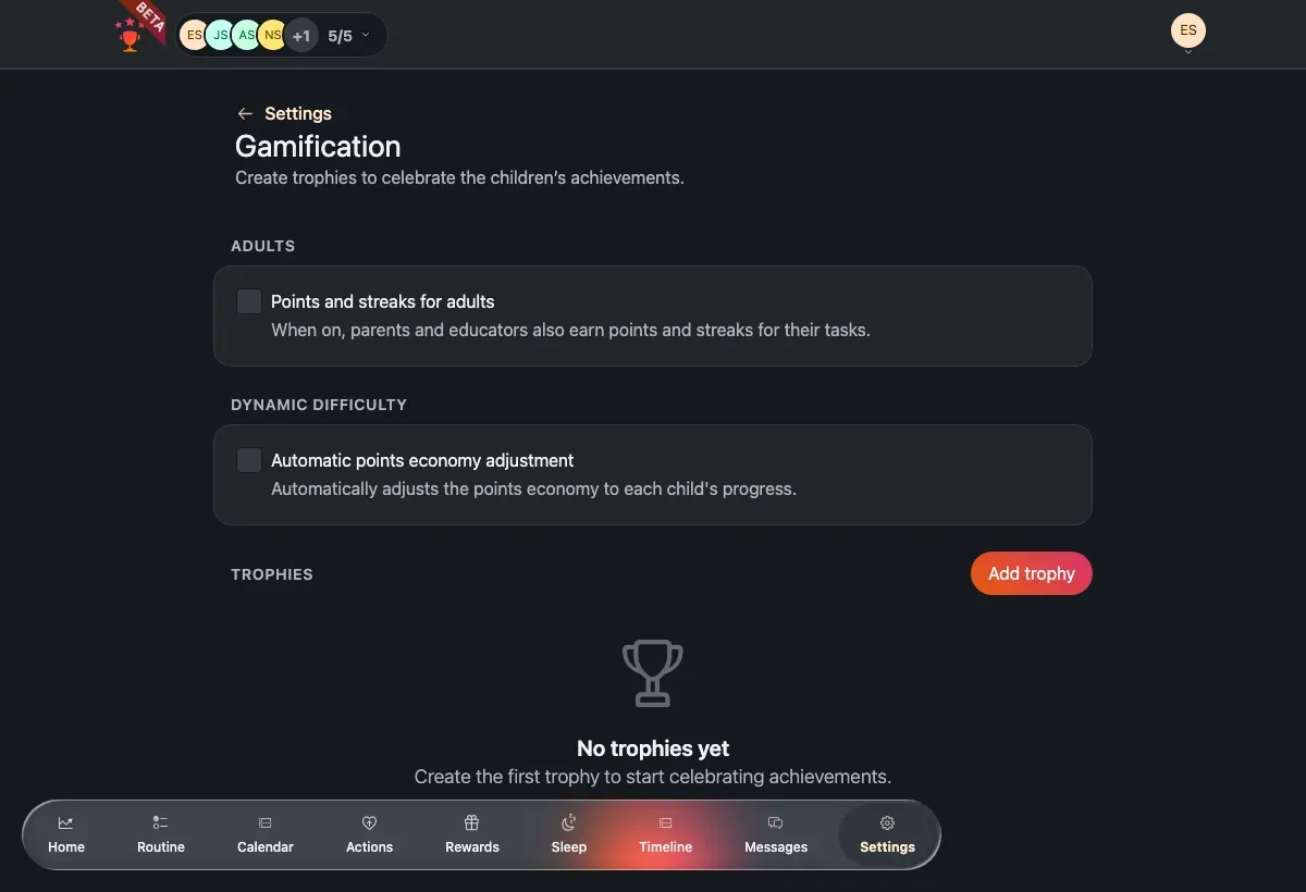 The Gamification settings with dynamic difficulty enabled, showing the mode choice and the per-child current factor list.