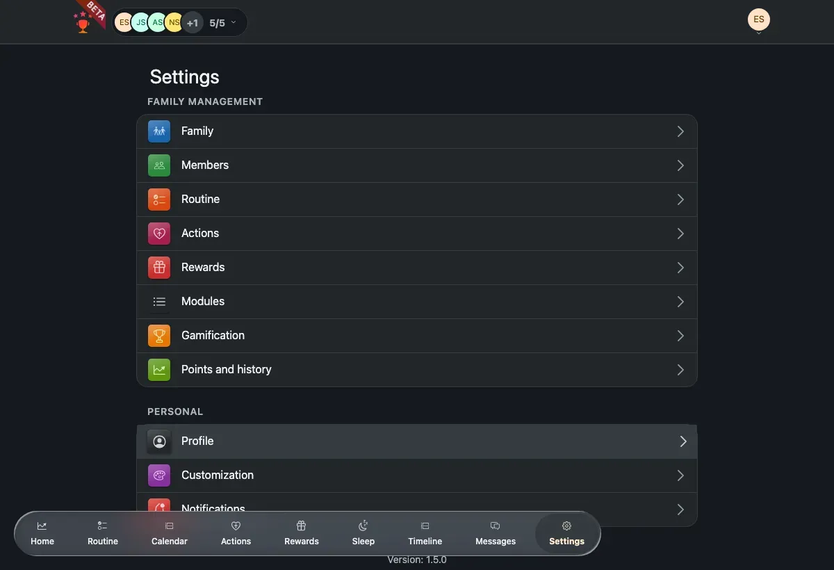 The Settings hub, showing the Family management and Personal groups.