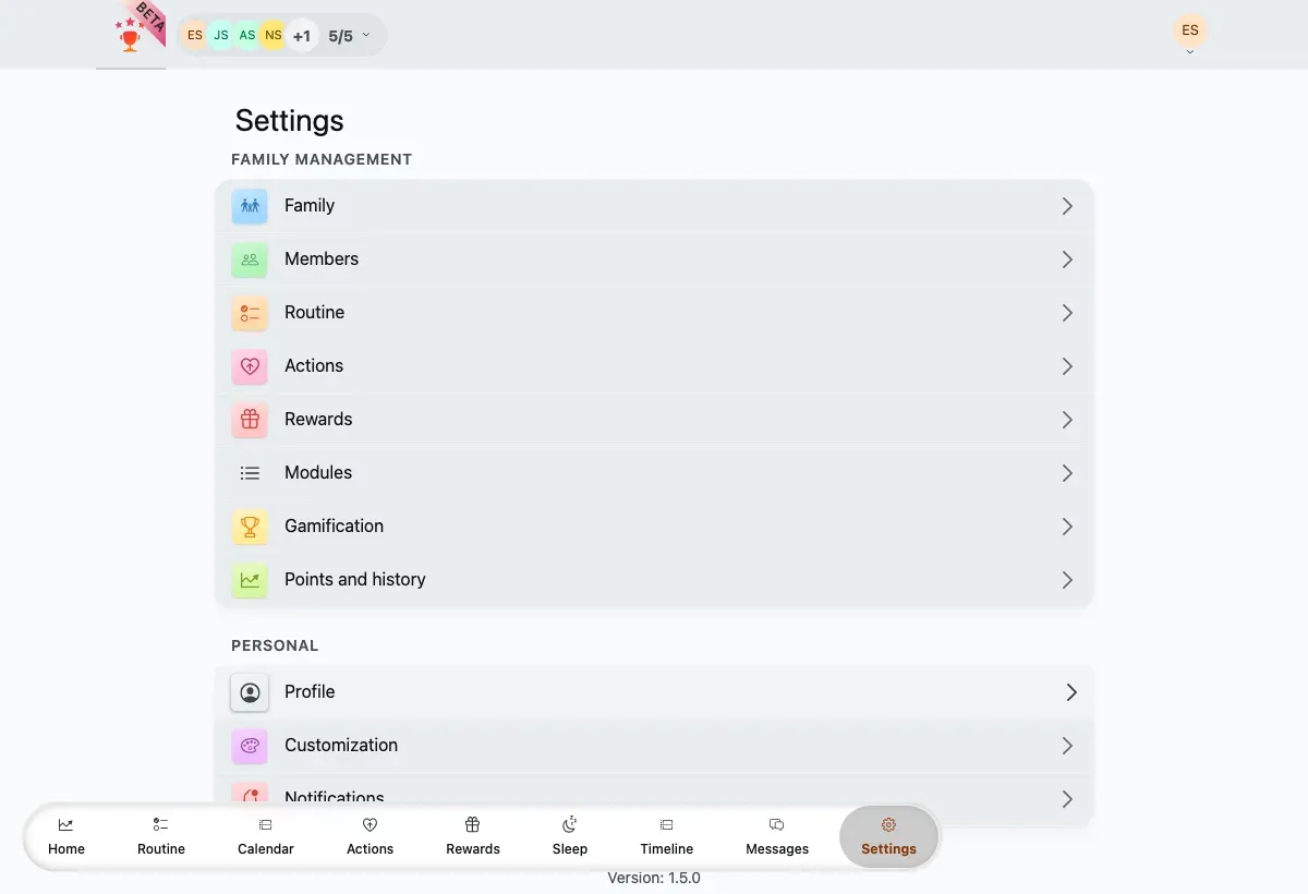 The Settings hub, showing the Family management and Personal groups.
