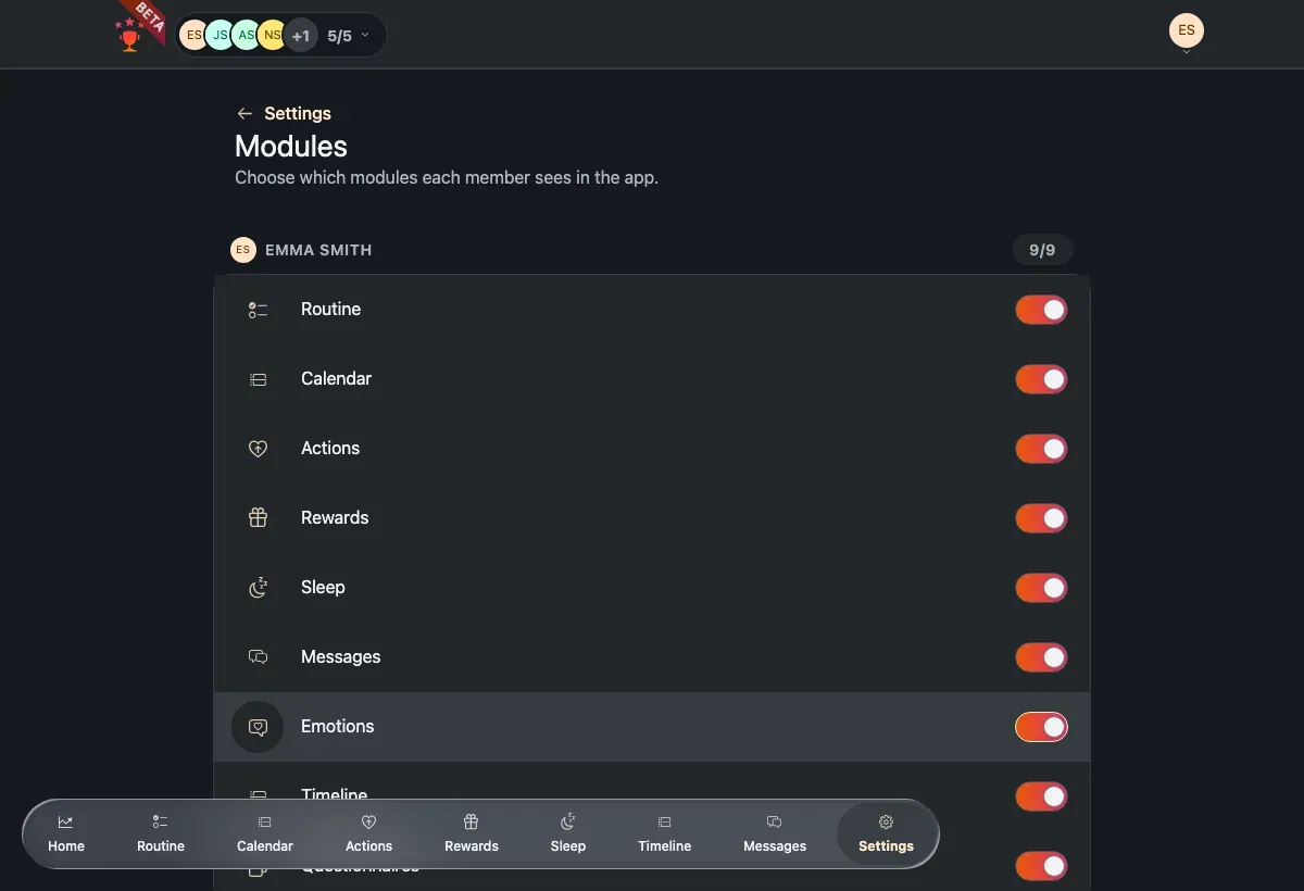 The Modules page with a per-member switch list.